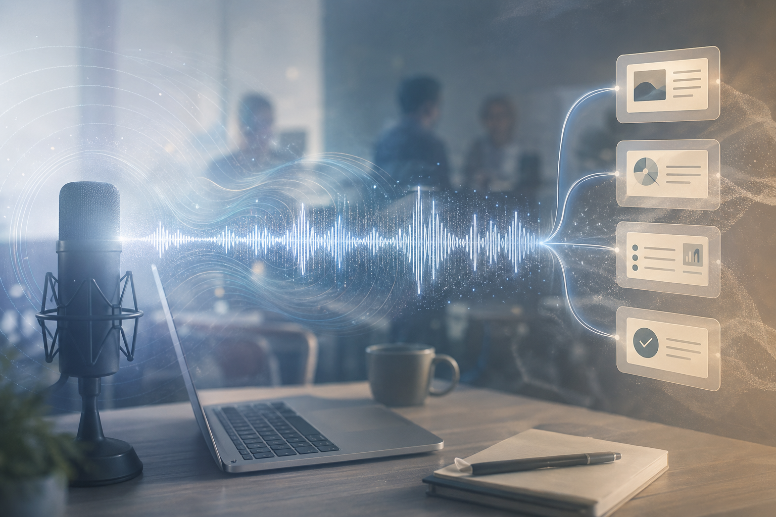 Generated Useful Machines illustration of a voice AI workflow in a noisy room.